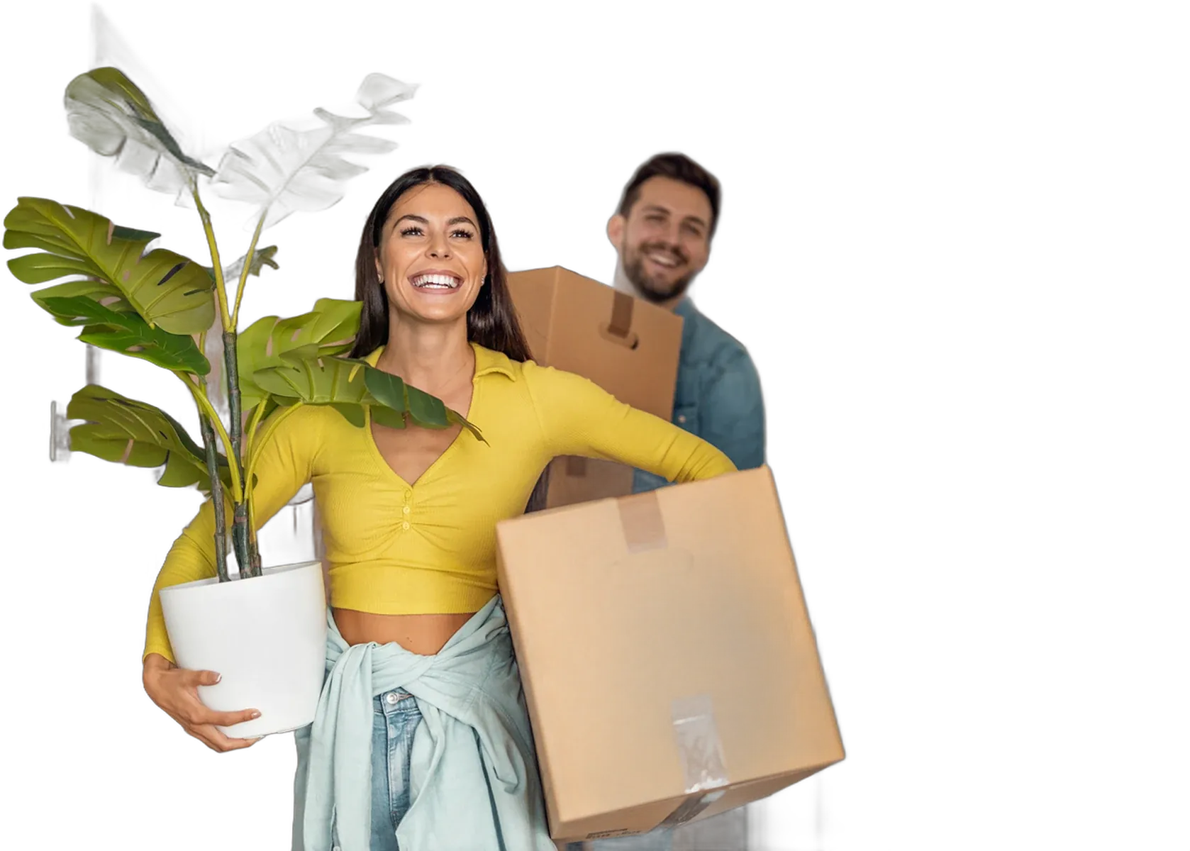 Couple emménageant, carton et plante à la main