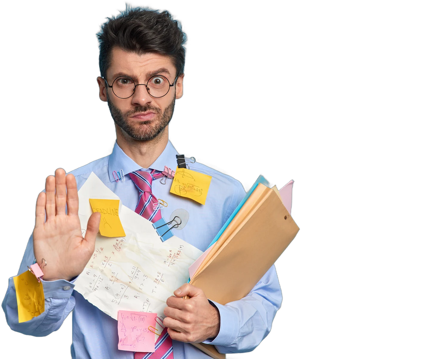 Homme débordé sous les dossiers et les notes, la corvée dont le service décharge
